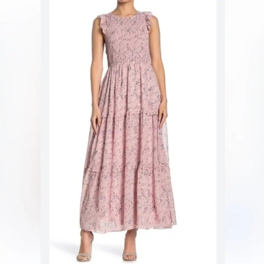 Melloday Rose Pink Floral Maxi Dress Smocked Tiered Lined Size Large L EUC